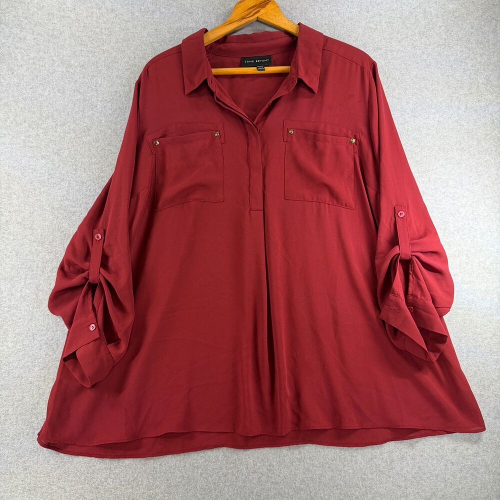 Lane Bryant Plus Size 22/24P Burgundy Roll Tab Sleeve Tunic Blouse 3476